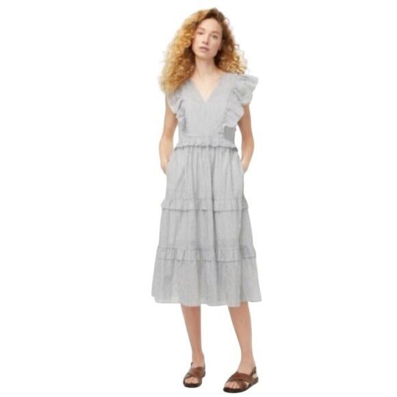 J. Crew Ruffle Sleeve Cotton Voile Midi Dress Size L Striped Gray V Neck Cottage - Picture 2 of 16